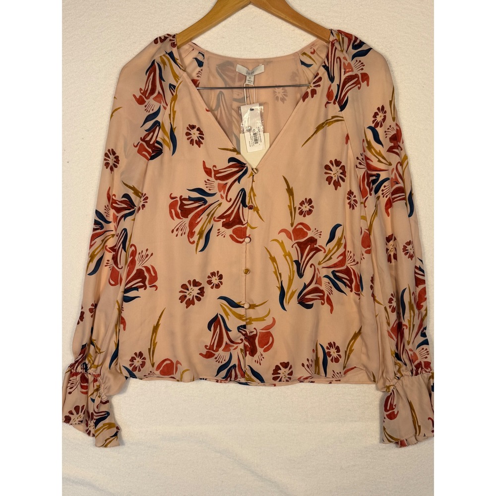 Joie Boyana Blouse Women XS Pink Sky 100% Silk Floral V-Neck Ruffle Cuff NEW - Picture 2 of 10